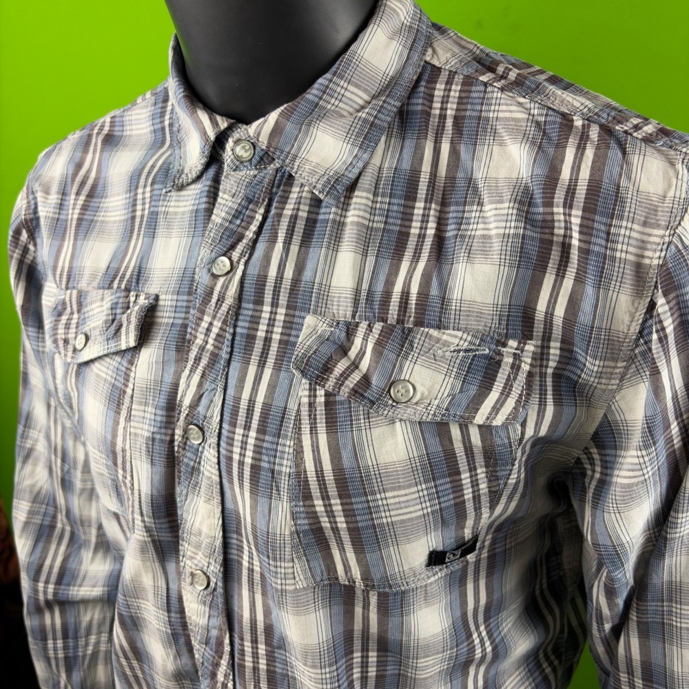 Ocean Current Distressed Pearl Snap Shirt Mens L LS Button Up Plaid Blue/Brown